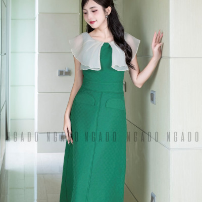 Đầm xanh phối voan kem NGADO , Đầm dự tiệc , Đầm dạo phố
