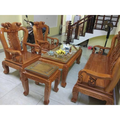 Bộ bàn ghế giả cổ trạm quốc đào gỗ gõ đỏ