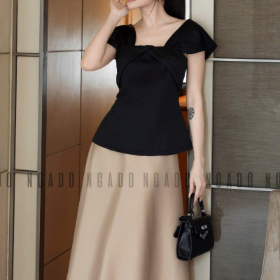 Set áo váy đen nude tay con NGADO , set áo váy , set công sở