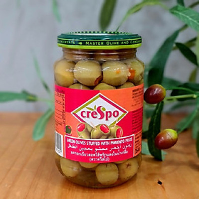 Oliu xanh nhồi ớt ngọt, oliu xanh nguyên trái, oliu xanh không hạt Crespo 370ml