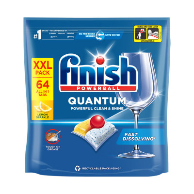 Túi 64 Viên Rửa Chén Bát Finish Powerball Quantum 12x sức mạnh, túi lớn siêu tiết kiệm