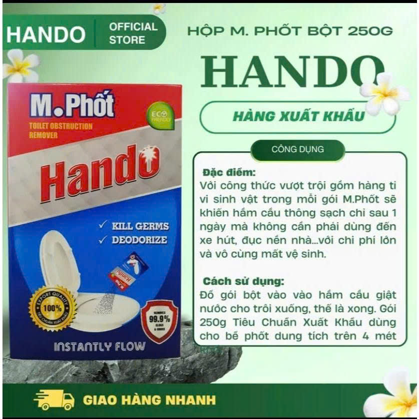 Combo 2 gói Bột thông tắc bồn cầu bể phốt xuất khẩu Hando 250Gr