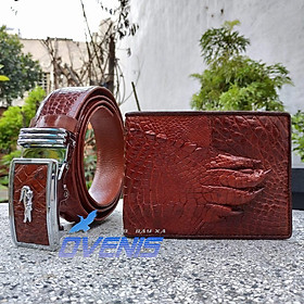 Set Ví và Thắt Lưng Cá Sấu [VÍ BÀN TAY + NỊT DA HÔNG TRƠN] SET5