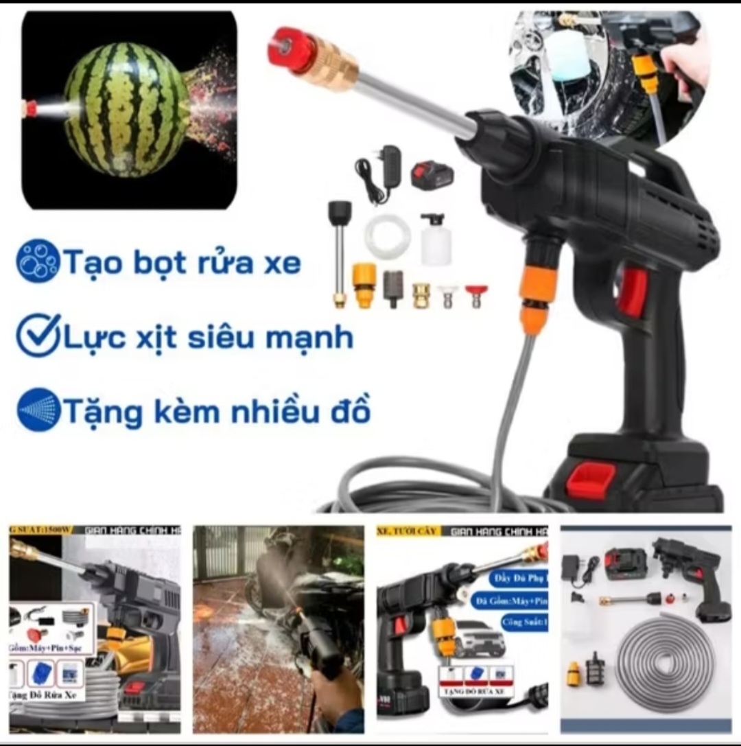 MÁY RỬA XE MÁY ÔTÔ TƯỚI CÂY PHUN THUÔC ÁP LỰC MẠNH BẰNG PIN KHỦNG