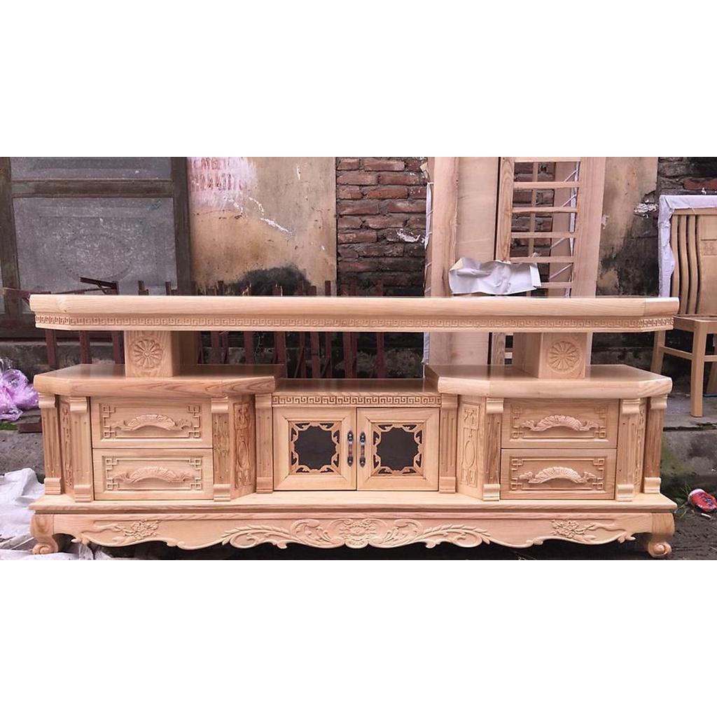 Kệ tivi vát cạnh gỗ xoan đào dài 2m màu cánh gián vân gỗ tự nhiên gỗ đã được xử lý tẩm sấy chống mối mọt sơn PU