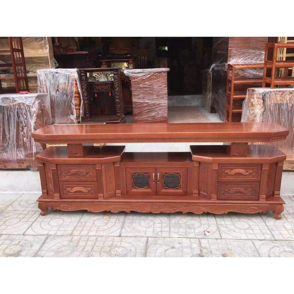 Kệ tivi vát cạnh gỗ xoan đào dài 2m màu cánh gián vân gỗ tự nhiên