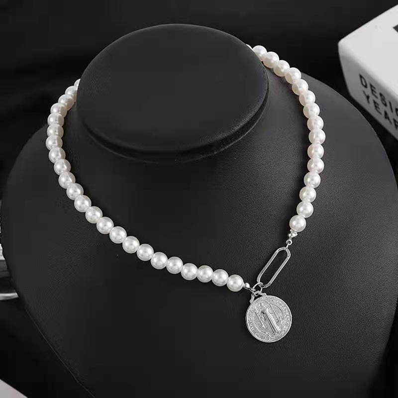 Dây chuyền vòng cổ ngọc trai bất đối xứng cá tính đồng xu cổ