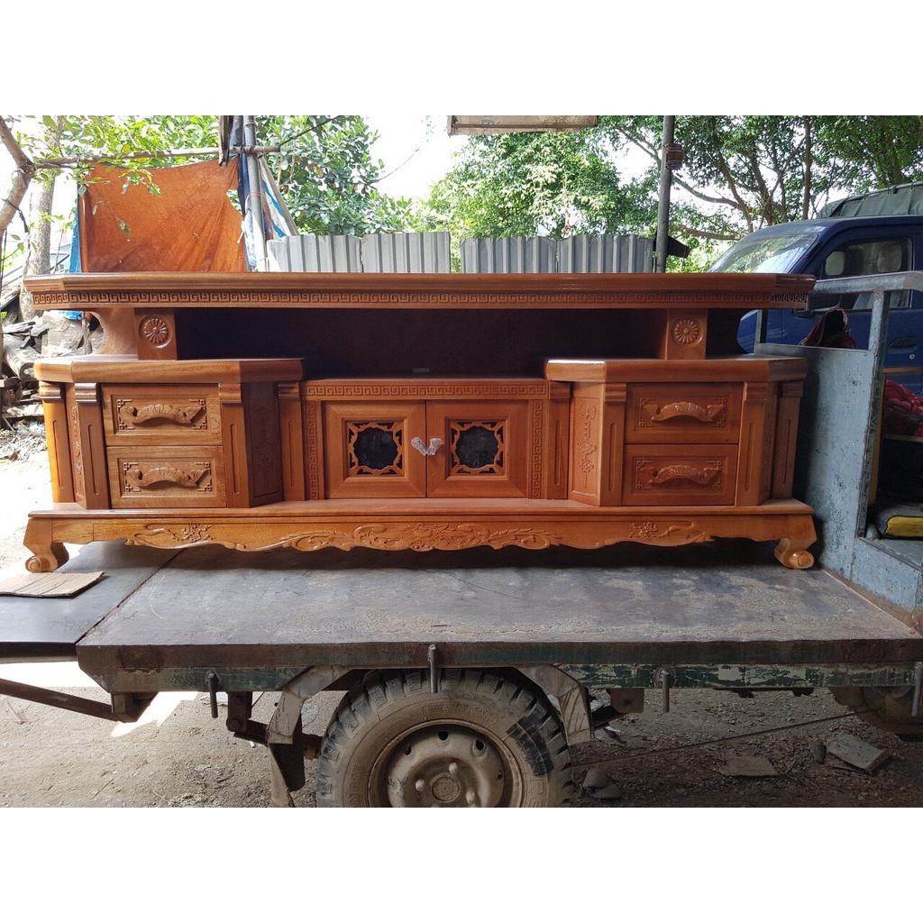 Kệ tivi vát cạnh gỗ xoan đào dài 2m màu cánh gián vân gỗ tự nhiên