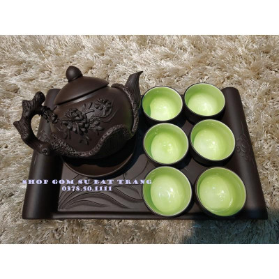 Bộ ấm trà gốm đắp tay khay chữ nhật 29x19cm