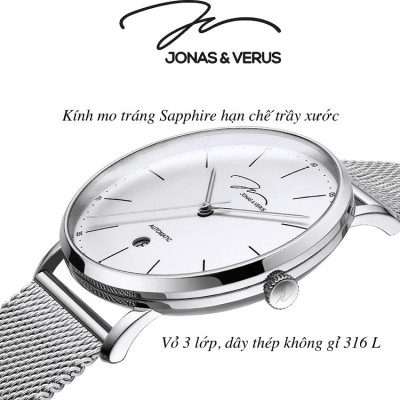 Đồng hồ đeo tay Nam hiệu JONAS & VERUS Y01544-A0.WWWBW, Máy Cơ (Automatic), Kính mo tráng sapphire hạn chế trầy xước, Dây lưới thép không gỉ 316L