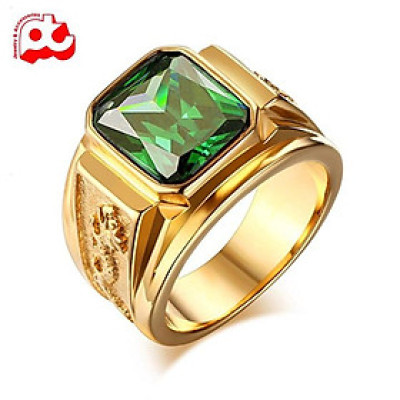 Nhẫn nam titan thời trang chạm rồng 2 bên trangsucpt đá xanh lá màu mạ vàng thép không gỉ PTNNA253