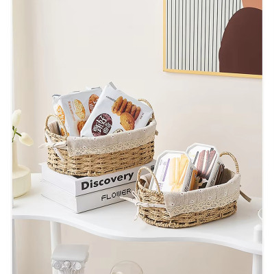 Giỏ Đựng Đồ Ăn Vặt Có Quai Hình Bầu Dục Lót Vải Hoa – Sợi Giấy Cán Mỏng Nhẹ Bền, Dễ Vệ Sinh