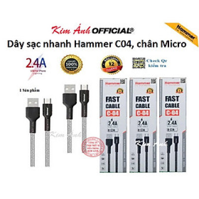 Dây sạc nhanh Ham mer C04 chân cắm Micro (V8) dòng điện 5v-2.4A, dây dù sạc nhanh hàng chính hãng, check Qr kiểm tra
