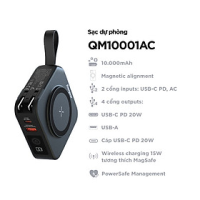 Sạc dự phòng Energizer 10,000mAh /3.7V Li-Polymer QM10001ACBK Sạc nhanh 20W, bảo hành 24 tháng 1 đổi 1 - Hàng chính hãng