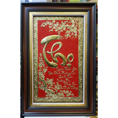 Tranh đồng vàng nguyên chất liền tấm trạm khảm chữ THỌ tiếng VIỆT- A214