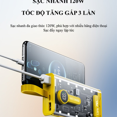 Sạc Dự Phòng trong suốt 30000mAh - sạc siêu nhanh, tích hợp 4 cáp, 2 cổng usb, sạc cùng lúc nhiều điện thoại - Hàng chính hãng
