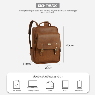 Balo Laptop Da Cao Cấp IDIGO UBP2-5050, Balo Công Sở Nam Nữ Nắp Gập Thời Trang Đựng Laptop 15 Inch