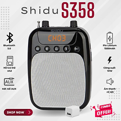 Máy trợ giảng Shidu SD-S358 - Giảng dạy hiệu quả, âm thanh sống động | Bluetooth 5.0, Thẻ nhớ, Công suất 10W, Pin 15h, FM, Ghi âm | Micro không dây, kết nối đa dạng | Thiết kế nhỏ gọn, bền bỉ | Phù hợp giảng dạy, hội họp, du lịch | Hàng Nhập Khẩu