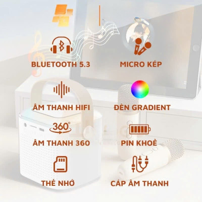 Loa Bluetooth mini kèm 2 micro hát karaoke không dây - Mic hát karaoke âm thanh chất lượng lọc âm khử nhiễu LED RGB - Hàng Nhập Khẩu
