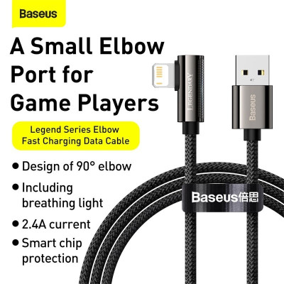 Cáp sạc nhanh 2.4A truyền dữ liệu Baseus Legend Series Elbow dây dù có đèn Led dài 1M dành cho iPhone/iPad - Hàng chính hãng