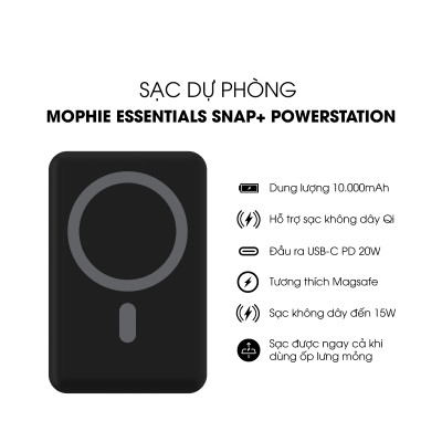 Sạc dự phòng mophie Essentials Snap+ powerstation 10,000mAh, hỗ trợ sạc từ tính 15W - Hàng chính hãng