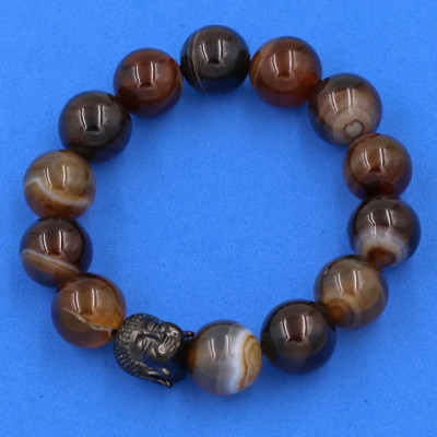 Vòng đeo tay mã não nâu sọc 14 ly cẩn hạt Phật A Di Đà inox đen VMNNSNLE14 - hợp mệnh Kim, mệnh Thổ