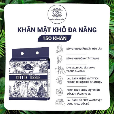 [Khăn Mặt Khô C&E 150 Tờ] Khăn Cotton Hữu Cơ – Khăn Lau Mặt Skincare, Tẩy Trang, Dùng 1 Lần, Mềm Mịn