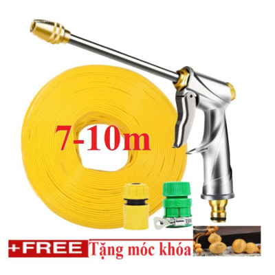 Bộ dây vòi xịt nước rửa xe, tưới cây . tăng áp 3 lần, loại 7m, 10m 206701-2 đầu đồng,cút,nối vàng+ tặng móc khoá