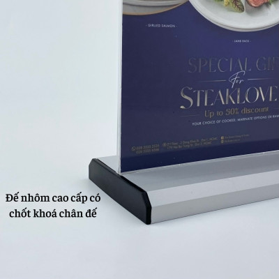Kệ menu nhà hàng, Standee mica để bàn, Bảng quét mã QR Code, Kệ mica 2 mặt Enter E30 150x210mm đế nhôm A5 đứng