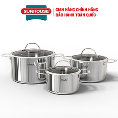 Bộ nồi Inox đa lớp Sunhouse Mama SHG701, Nồi inox 3 lớp nguyên khối dày gấp 4 lần inox thông thường, Hiệu suất bắt từ lên tới 99%, An toàn tuyệt đối cho sức khỏe - Hàng chính hãng