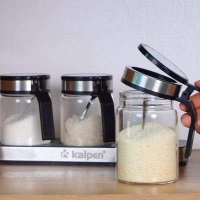 Bộ 3 hũ thủy tinh đựng gia vị 300ml Kalpen SB2 kèm khay và muỗng Inox