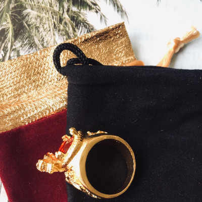 Bộ Nhẫn Khắc Rồng Hoàng Long Mạ vàng 18K, đính đá Hồng Ngọc, Kèm túi Nhung