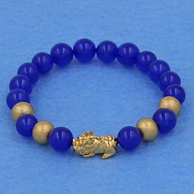 Chuỗi tay thạch anh xanh dương 8 ly - cẩn Tỳ Hưu inox vàng VTAXDTHVB8 - hợp mệnh Mộc, mệnh Thủy