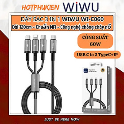 Cáp Sạc Đa Năng 3in1 sạc nhanh 60W USB-C ra 2 cổng Type-C + 1 cổng L cho iPhone / cho iPad hiệu WIWU Starlink - Chống Rối, Siêu Bền, Chip Thông Minh Tích Hợp, Sạc An Toàn - Hàng nhập khẩu
