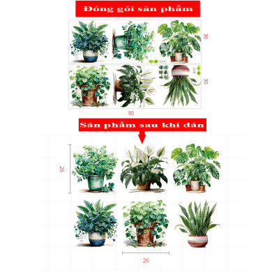 Sticker Giấy Dán Tường Decal Dán tường Tranh Dán Tường Trang Trí Tường Mẫu 6 Chậu Hoa Lá Hoa Lá ZH-1009