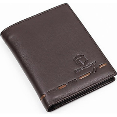 Ví đứng da bò nam cao cấp AT Leather 062 (12 x 9.5 cm) - Nâu