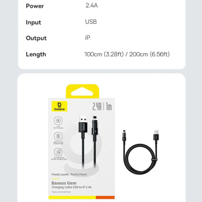 Cáp sạc nhanh và truyền dữ liệu Usb to iP 2.4A Baseus Gem Charging Cable - Hàng chính hãng