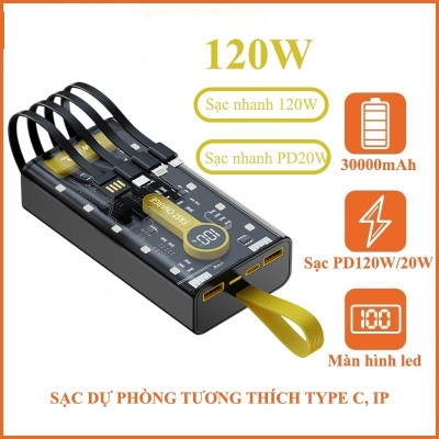 Sạc Dự Phòng trong suốt 30000mAh - sạc siêu nhanh, tích hợp 4 cáp, 2 cổng usb, sạc cùng lúc nhiều điện thoại - Hàng chính hãng