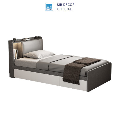 Giường Gỗ Đơn Dài 1.2m Phối Đèn LED và 3 Ngăn Kéo Màu Vân Vải Phối Trắng SIB Decor GN15