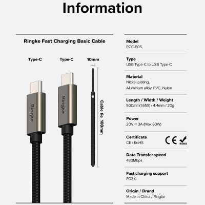 Cáp sạc nhanh cho điện thoại/laptop/tablet RINGKE Fast Charging Basic Cable C-to-C - Hàng Chính Hãng
