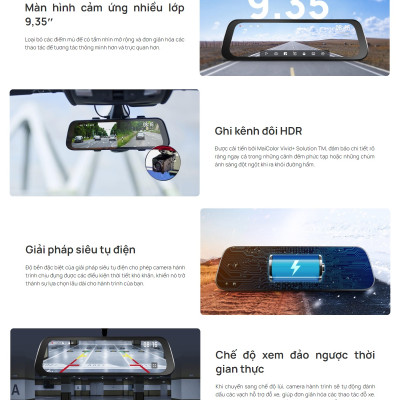 Camera hành trình gương 70mai S500 tích hợp cam lùi, màn hình cảm ứng 9.35inch, 3K HDR góc quay rộng 138° – Hàng chính hãng