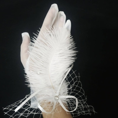 Găng tay trong suốt đính lông vũ, ngọc trai và ren lưới cho Cô dâu và Dạ hội, đi tiệc, sự kiện, lễ hội, chụp ảnh MS: 43750