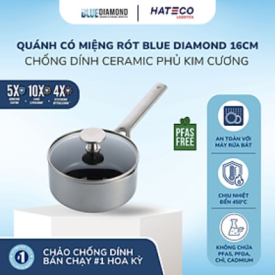 Quánh chống dính có miệng rót thép không gỉ phủ tinh thể kim cương cao cấp Blue Diamond 16cm có nắp kính