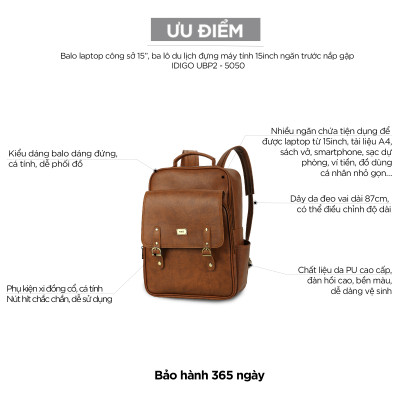 Balo Laptop Da Cao Cấp IDIGO UBP2-5050, Balo Công Sở Nam Nữ Nắp Gập Thời Trang Đựng Laptop 15 Inch