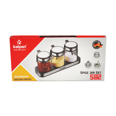 Bộ 3 hũ thủy tinh đựng gia vị 300ml Kalpen SB2 kèm khay và muỗng Inox