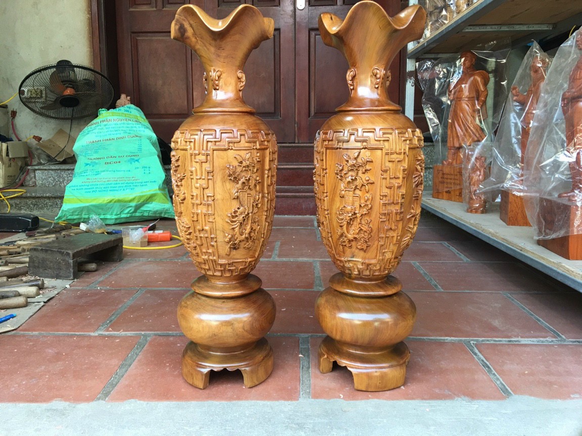 Cặp lục bình trạm khắc tứ quý phong thủy hút tài lộc ,bằng gỗ bách xanh thơm nức kt cao30×10cm