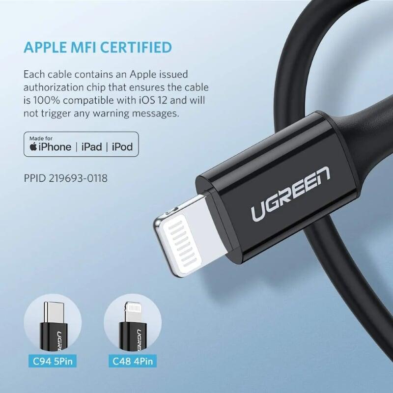 Ugreen UG60751US171TK 1M màu Đen Cáp sạc + truyền dữ liệu Lightning sang Type C - HÀNG CHÍNH HÃNG