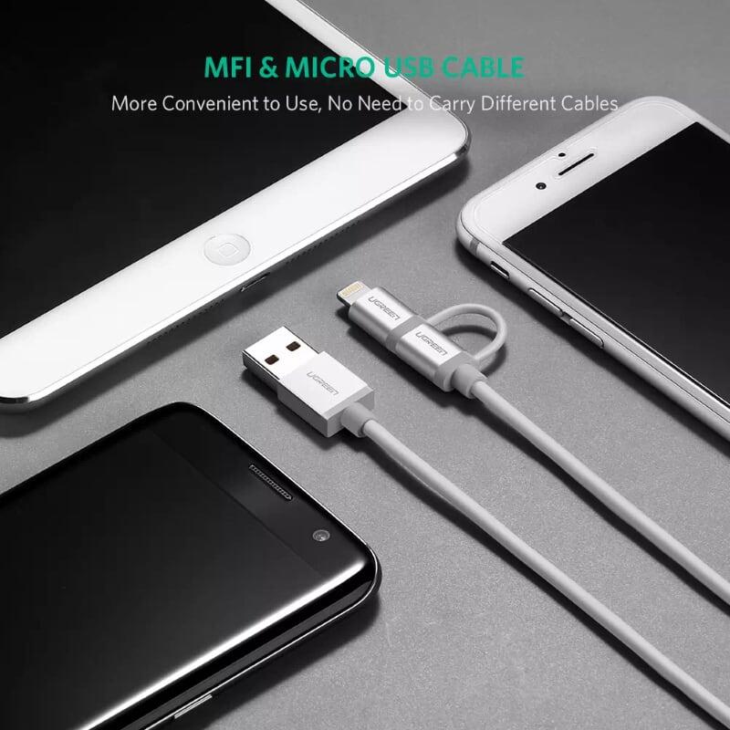 Ugreen UG30669US165TK 1M màu Bạc Cáp sạc đa năng USB sang MicroUSB + Lightning - HÀNG CHÍNH HÃNG