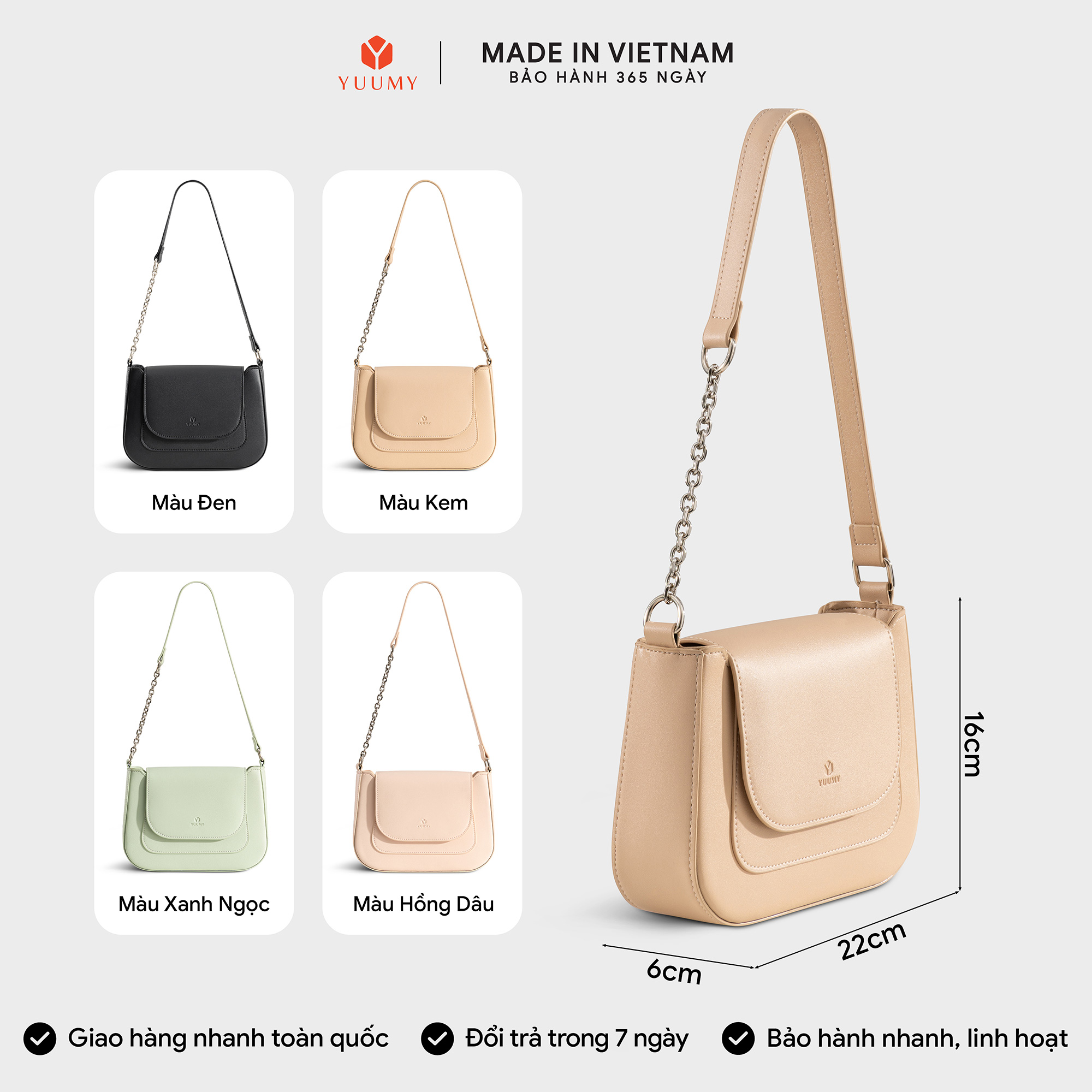 Túi Yuumy (Thời trang nữ nắp gập bo viền tối giản size 22- Túi đeo vai da Seasand YN342)