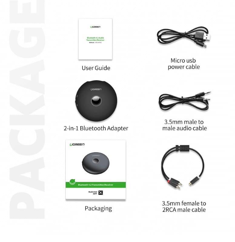 Ugreen UG40762CM108TK BT 4.2 màu Đen Bộ thu phát âm thanh Bluetooth hỗ trợ APTX - HÀNG CHÍNH HÃNG
